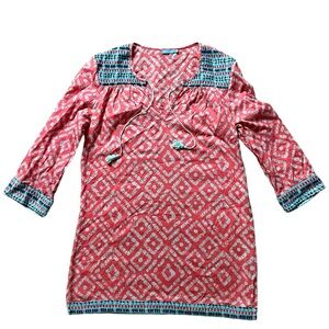 J Mclaughlin Tunic Top Women's S Pink Embroidered 3/4 Sleeve‎ 100 Cotton Shirt✅